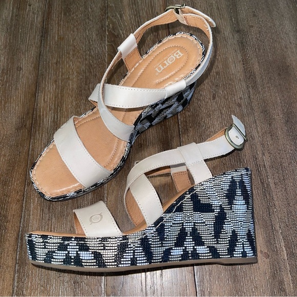 BORN Women’s Leather Strappy Cushioned Wedge Sandal Woven Square Toe Boho 10 - Picture 1 of 11